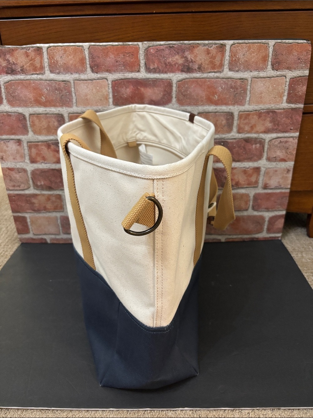 Ll Bean Canvas Tote Bag with Navy Base and Cream Body Boat Tote - Picture 4 of 7